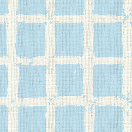 paperweave paper weave wallpaper in hand painted square pattern emulating window panes in an oversized plaid layout with a french blue base on cream printGrasscloth wallpaper Natural Textured Eco-Friendly Non-toxic High-quality Sustainable Interior Design Bold Custom Tailor-made Retro chic Bold coastal beach french blue sky ocean white