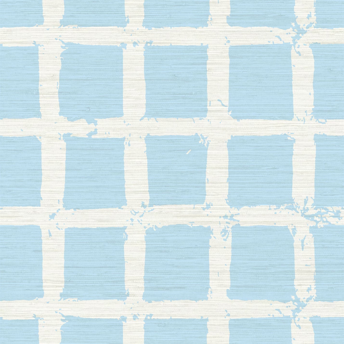 Grasscloth wallpaper in hand painted square pattern emulating window panes in an oversized plaid layout with a french blue base on cream printGrasscloth wallpaper Natural Textured Eco-Friendly Non-toxic High-quality  Sustainable Interior Design Bold Custom Tailor-made Retro chic Bold coastal beach french blue sky ocean white