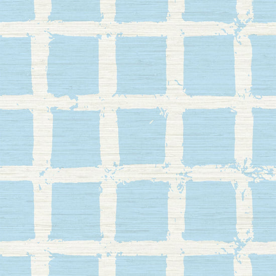 Grasscloth wallpaper in hand painted square pattern emulating window panes in an oversized plaid layout with a french blue base on cream printGrasscloth wallpaper Natural Textured Eco-Friendly Non-toxic High-quality  Sustainable Interior Design Bold Custom Tailor-made Retro chic Bold coastal beach french blue sky ocean white