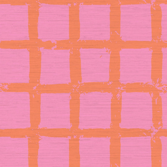 Grasscloth wallpaper in hand painted square pattern emulating window panes in an oversized plaid layout with a french blue base on cream printGrasscloth wallpaper Natural Textured Eco-Friendly Non-toxic High-quality Sustainable Interior Design Bold Custom Tailor-made Retro chic Bold coastal pink orange coral red hot pink