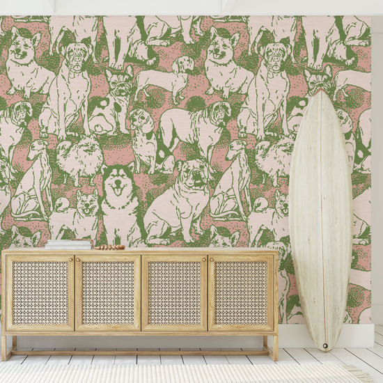 dog printed grasscloth wallpaper puppy huskie, bulldogs, mastiff, wiener, beagles, yorkie Natural Textured Eco-Friendly Non-toxic High-quality  Sustainable Interior Design Bold Custom kids mudroom veterinary grooming animal pink olive entrance foyer
