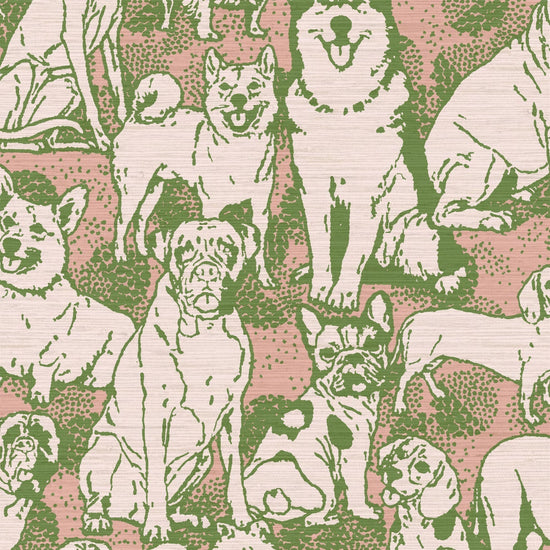 dog printed grasscloth wallpaper puppy huskie, bulldogs, mastiff, wiener, beagles, yorkie Natural Textured Eco-Friendly Non-toxic High-quality  Sustainable Interior Design Bold Custom kids mudroom veterinary grooming animal pink olive