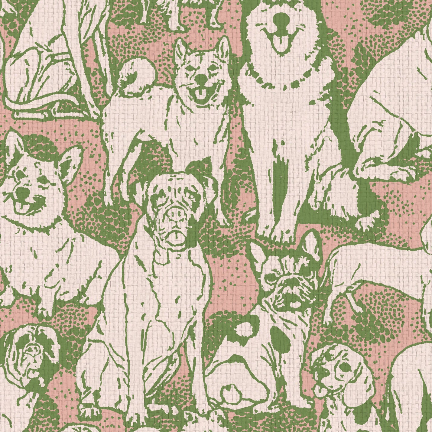 dog printed grasscloth paper weave wallpaper puppy huskie, bulldogs, mastiff, wiener, beagles, yorkie Natural Textured Eco-Friendly Non-toxic High-quality  Sustainable Interior Design Bold Custom kids mudroom veterinary grooming animal pink olive entrance foyer