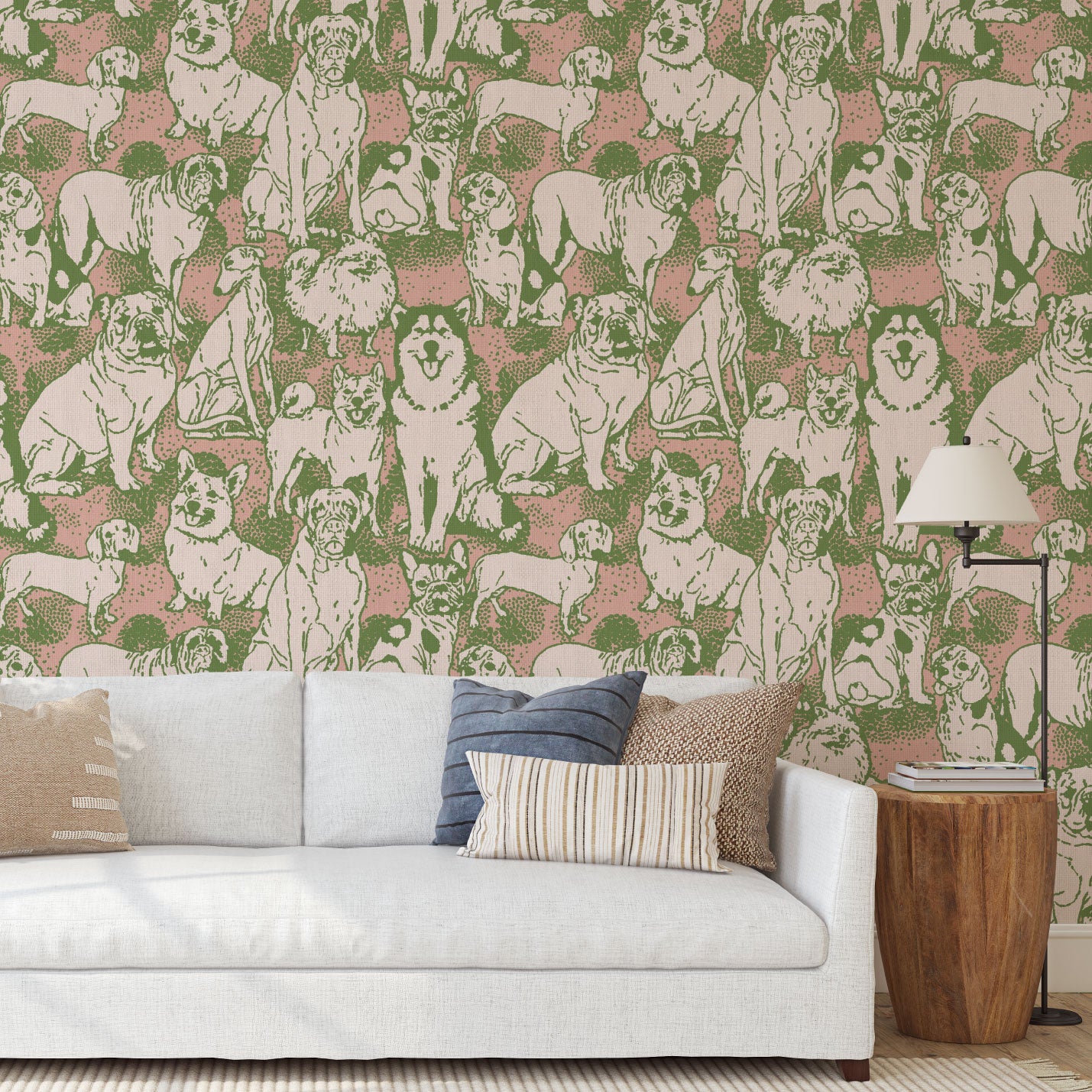 dog printed grasscloth paper weave wallpaper puppy huskie, bulldogs, mastiff, wiener, beagles, yorkie Natural Textured Eco-Friendly Non-toxic High-quality  Sustainable Interior Design Bold Custom kids mudroom veterinary grooming animal pink olive entrance foyer