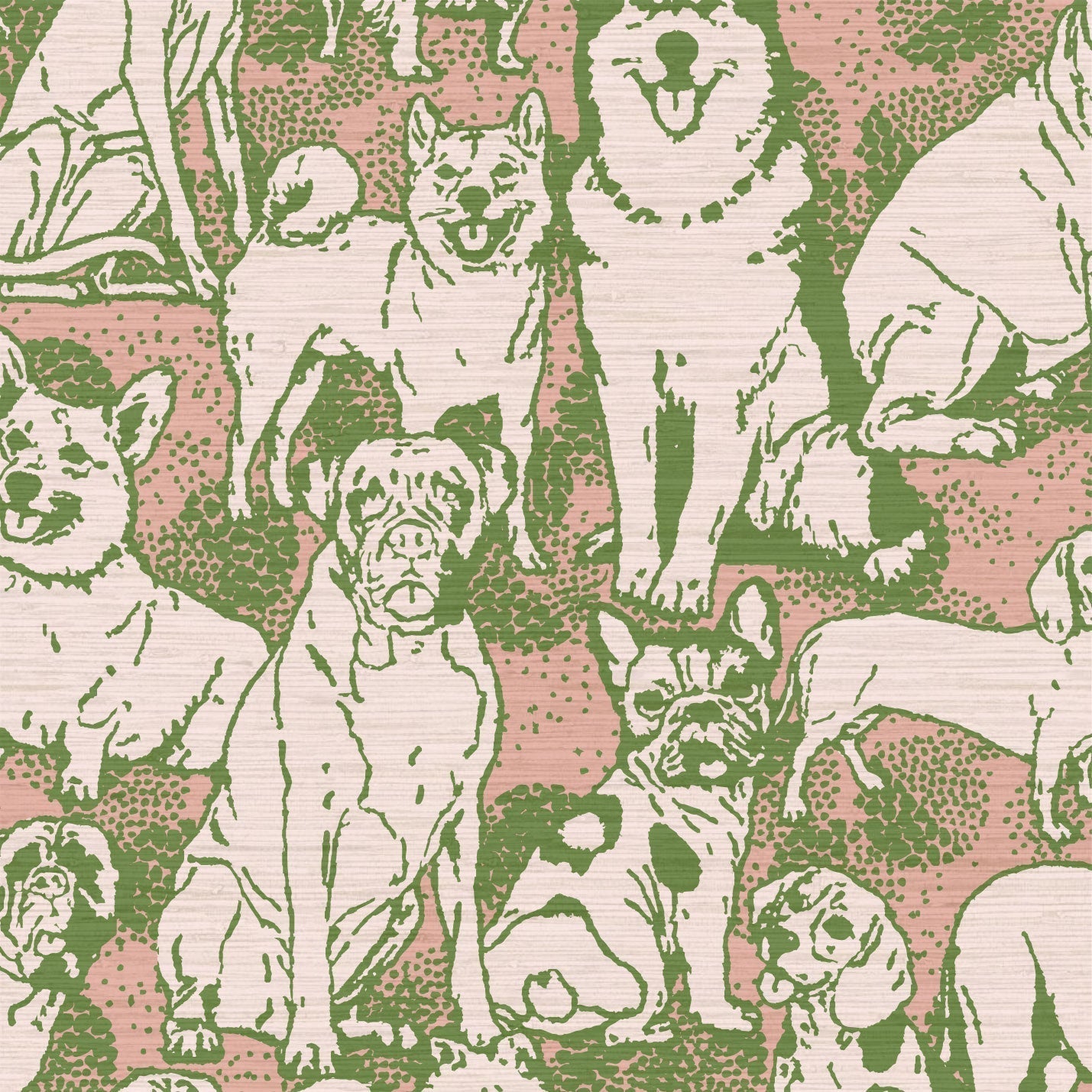 dog printed grasscloth paper weave wallpaper puppy huskie, bulldogs, mastiff, wiener, beagles, yorkie Natural Textured Eco-Friendly Non-toxic High-quality  Sustainable Interior Design Bold Custom kids mudroom veterinary grooming animal pink olive entrance foyer