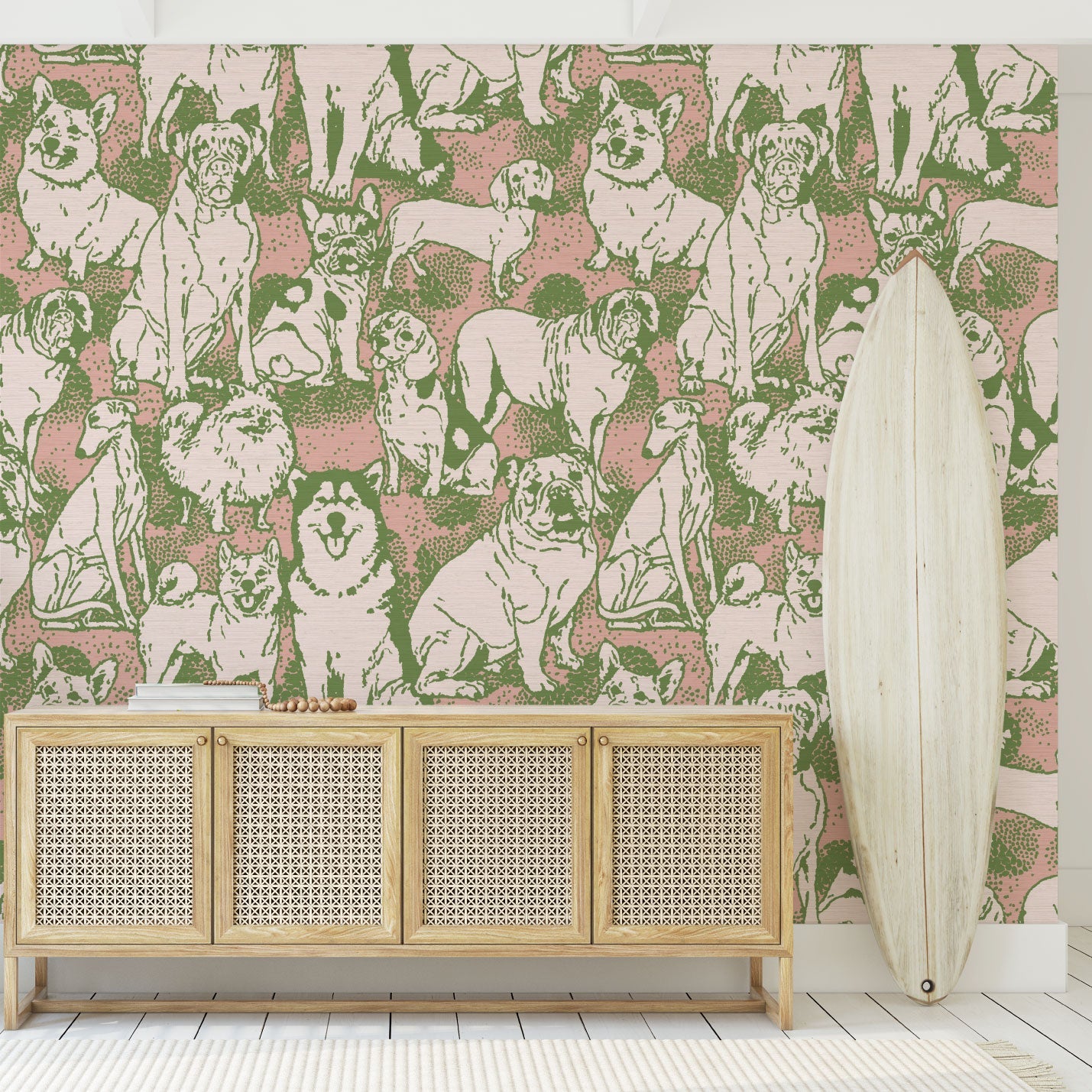 dog printed grasscloth paper weave wallpaper puppy huskie, bulldogs, mastiff, wiener, beagles, yorkie Natural Textured Eco-Friendly Non-toxic High-quality  Sustainable Interior Design Bold Custom kids mudroom veterinary grooming animal pink olive entrance foyer