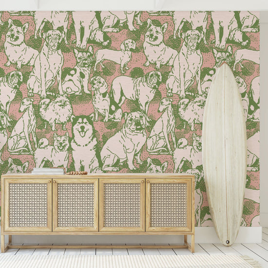 dog printed grasscloth paper weave wallpaper puppy huskie, bulldogs, mastiff, wiener, beagles, yorkie Natural Textured Eco-Friendly Non-toxic High-quality  Sustainable Interior Design Bold Custom kids mudroom veterinary grooming animal pink olive entrance foyer