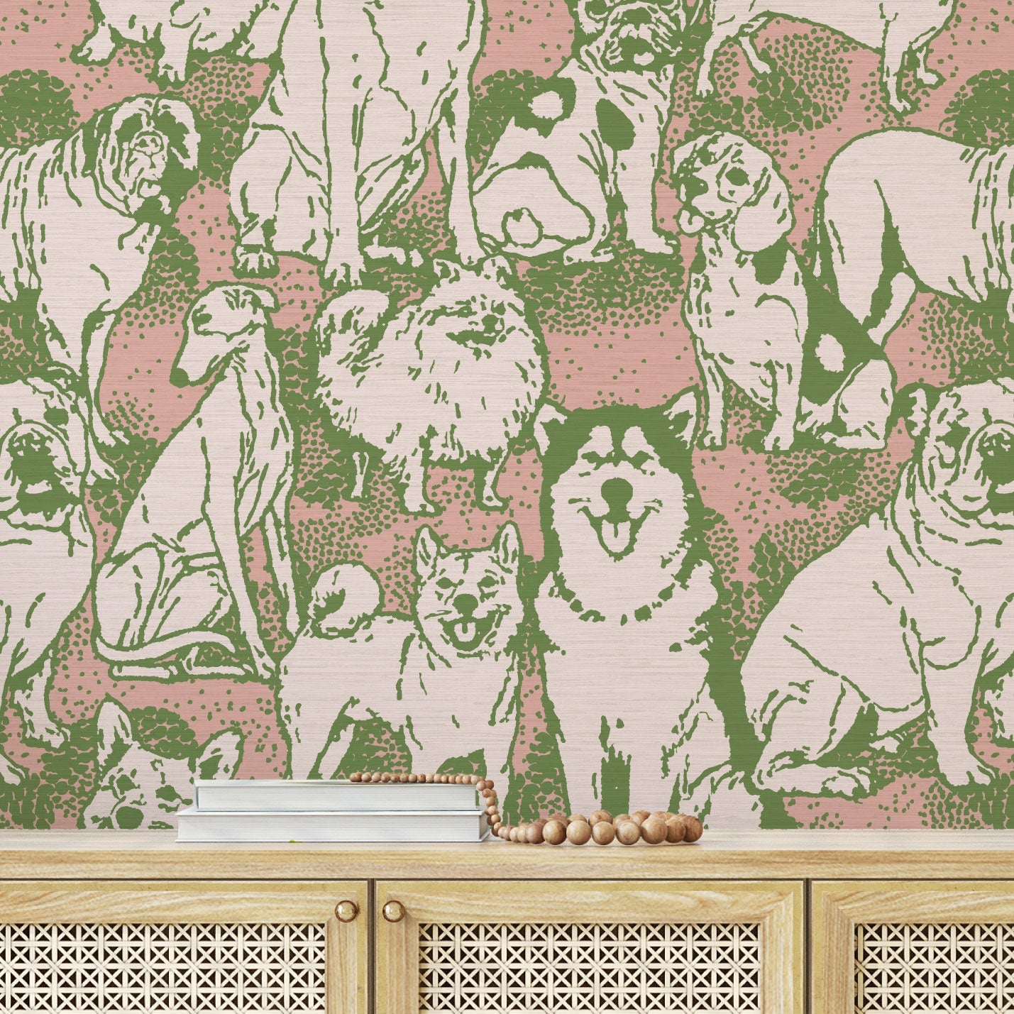 dog printed grasscloth paper weave wallpaper puppy huskie, bulldogs, mastiff, wiener, beagles, yorkie Natural Textured Eco-Friendly Non-toxic High-quality  Sustainable Interior Design Bold Custom kids mudroom veterinary grooming animal pink olive entrance foyer