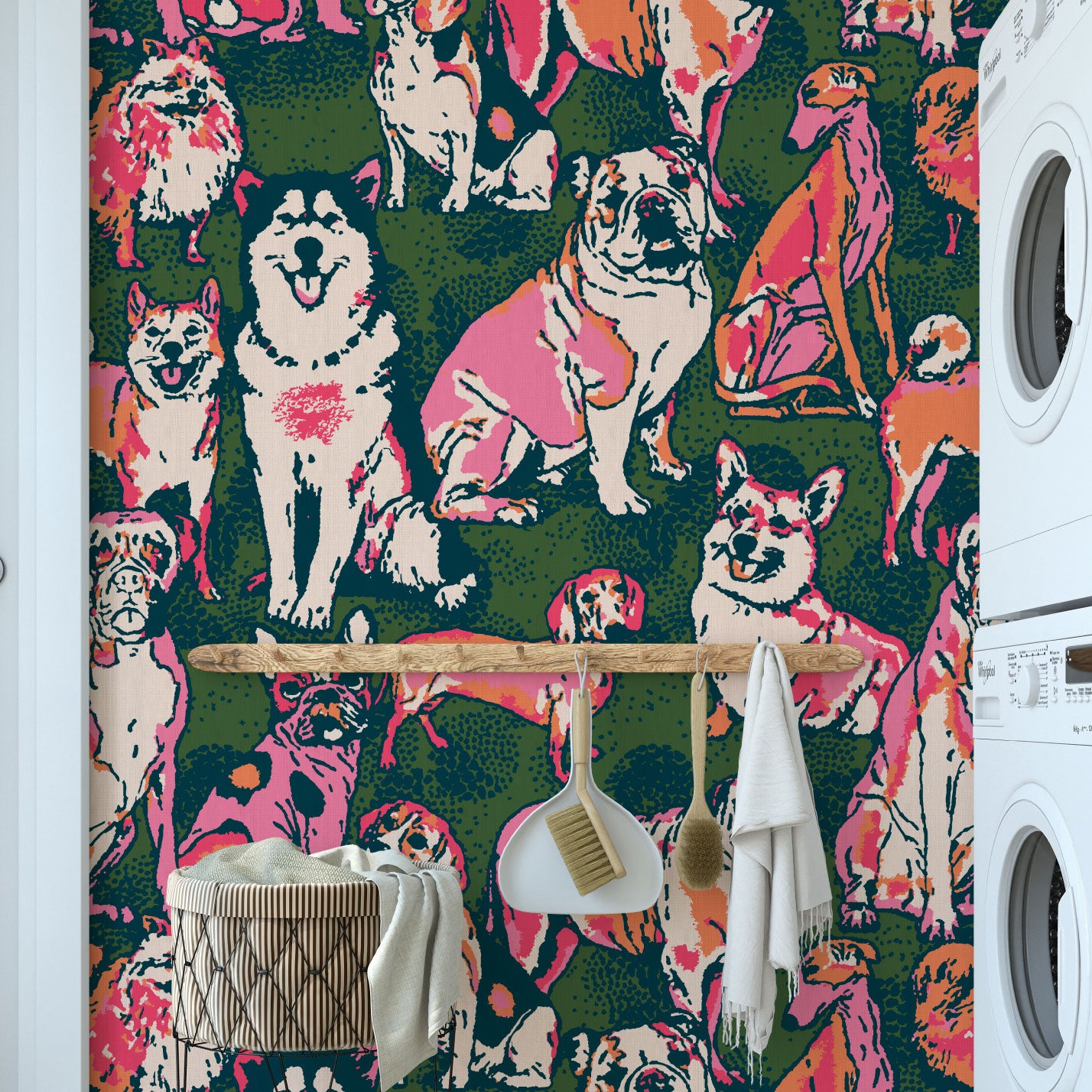 dog printed grasscloth wallpaper puppy huskie, bulldogs, mastiff, wiener, beagles, yorkie Natural Textured Eco-Friendly Non-toxic High-quality Sustainable Interior Design Bold Custom kids mudroom veterinary grooming animal hunter green hot pink neon orange paperweave paper weave