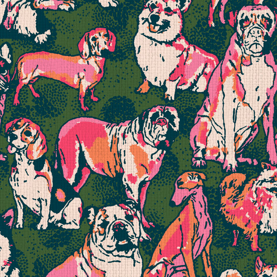 dog printed grasscloth wallpaper puppy huskie, bulldogs, mastiff, wiener, beagles, yorkie Natural Textured Eco-Friendly Non-toxic High-quality Sustainable Interior Design Bold Custom kids mudroom veterinary grooming animal hunter green hot pink neon orange paperweave paper weave