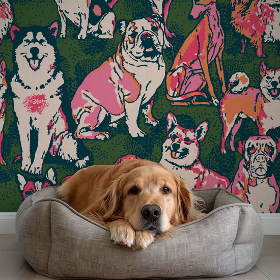 dog printed grasscloth wallpaper puppy huskie, bulldogs, mastiff, wiener, beagles, yorkie Natural Textured Eco-Friendly Non-toxic High-quality Sustainable Interior Design Bold Custom kids mudroom veterinary grooming animal hunter green hot pink neon orange paperweave paper weave