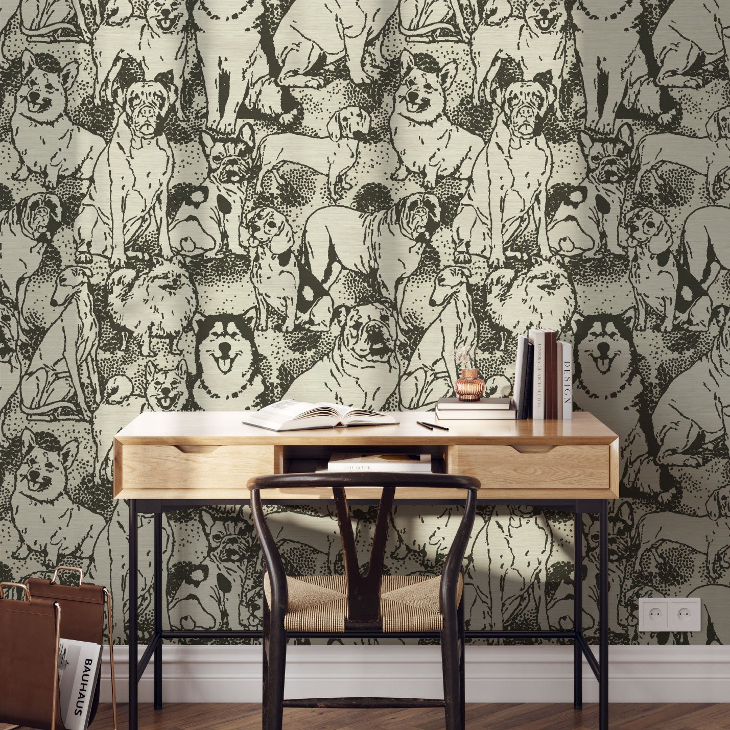 dog printed grasscloth wallpaper puppy huskie, bulldogs, mastiff, wiener, beagles, yorkie Natural Textured Eco-Friendly Non-toxic High-quality Sustainable Interior Design Bold Custom kids mudroom veterinary grooming animal neutral cream black white office study desk