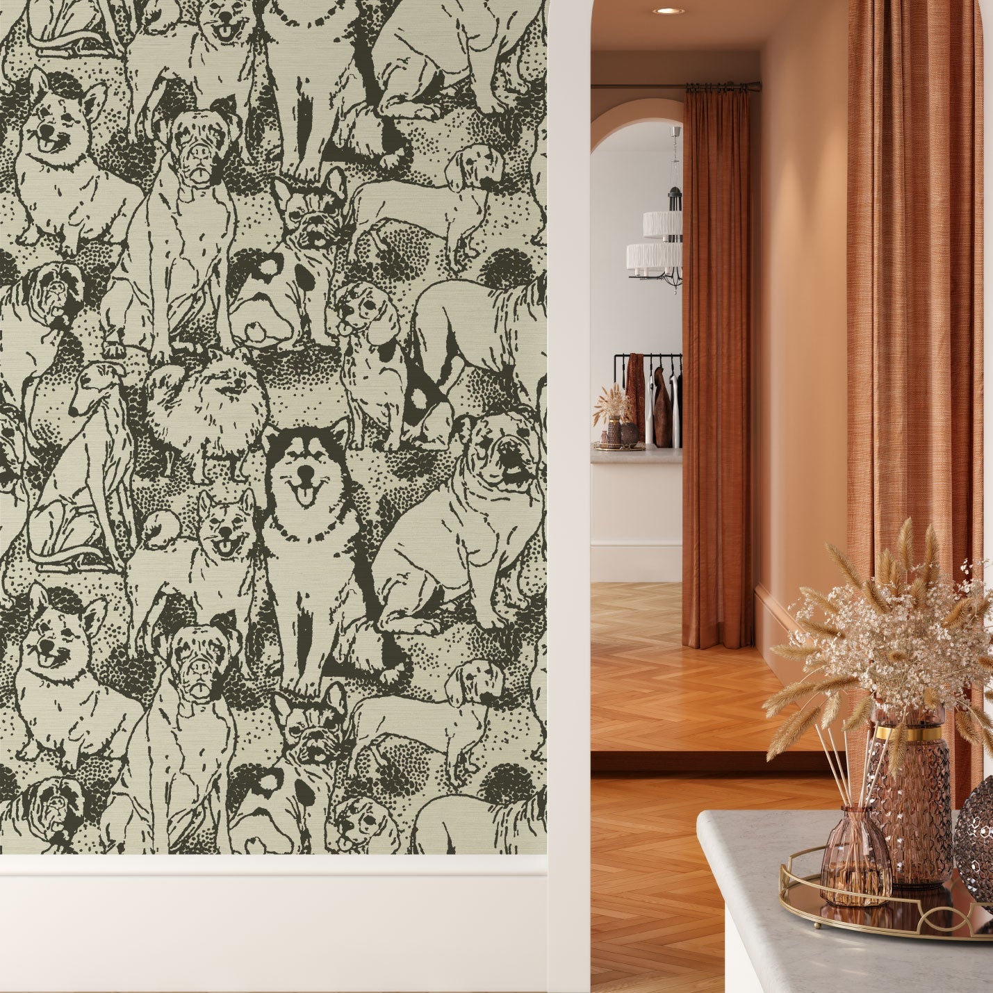 dog printed grasscloth paper weave wallpaper puppy huskie, bulldogs, mastiff, wiener, beagles, yorkie Natural Textured Eco-Friendly Non-toxic High-quality Sustainable Interior Design Bold Custom kids mudroom veterinary grooming animal neutral cream black white