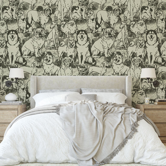 dog printed grasscloth paper weave wallpaper puppy huskie, bulldogs, mastiff, wiener, beagles, yorkie Natural Textured Eco-Friendly Non-toxic High-quality Sustainable Interior Design Bold Custom kids mudroom veterinary grooming animal neutral cream black white