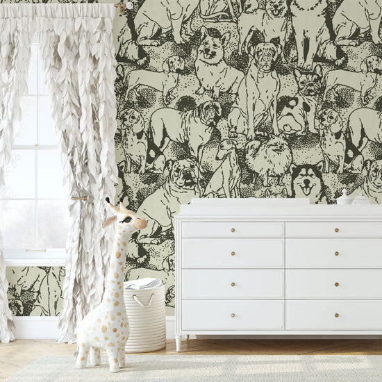 dog printed grasscloth paper weave wallpaper puppy huskie, bulldogs, mastiff, wiener, beagles, yorkie Natural Textured Eco-Friendly Non-toxic High-quality Sustainable Interior Design Bold Custom kids mudroom veterinary grooming animal neutral cream black white