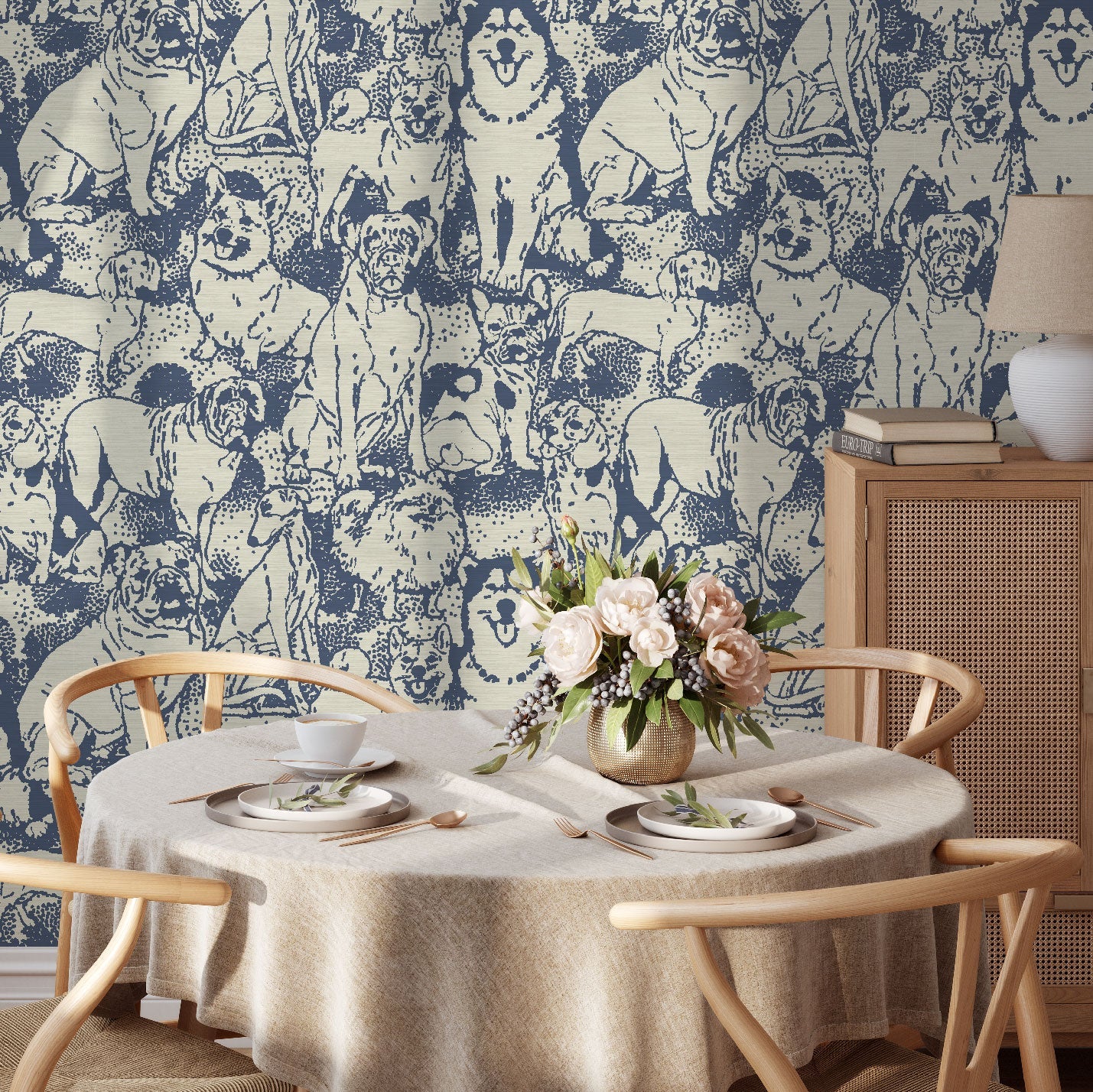 dog printed grasscloth wallpaper puppy huskie, bulldogs, mastiff, wiener, beagles, yorkie Natural Textured Eco-Friendly Non-toxic High-quality Sustainable Interior Design Bold Custom kids mudroom veterinary grooming animal pink olive cream white off-white navy slate grey neutral