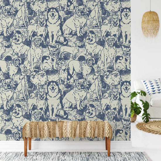 dog printed grasscloth wallpaper puppy huskie, bulldogs, mastiff, wiener, beagles, yorkie Natural Textured Eco-Friendly Non-toxic High-quality Sustainable Interior Design Bold Custom kids mudroom veterinary grooming animal pink olive cream white off-white navy slate grey neutral