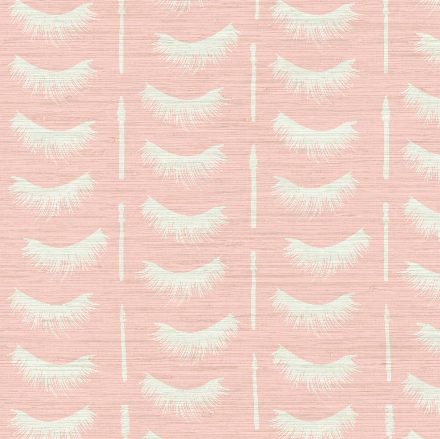 light pink printed grasscloth  with eyelashes arranged in vertical stripes separated by mascara wands in off-white