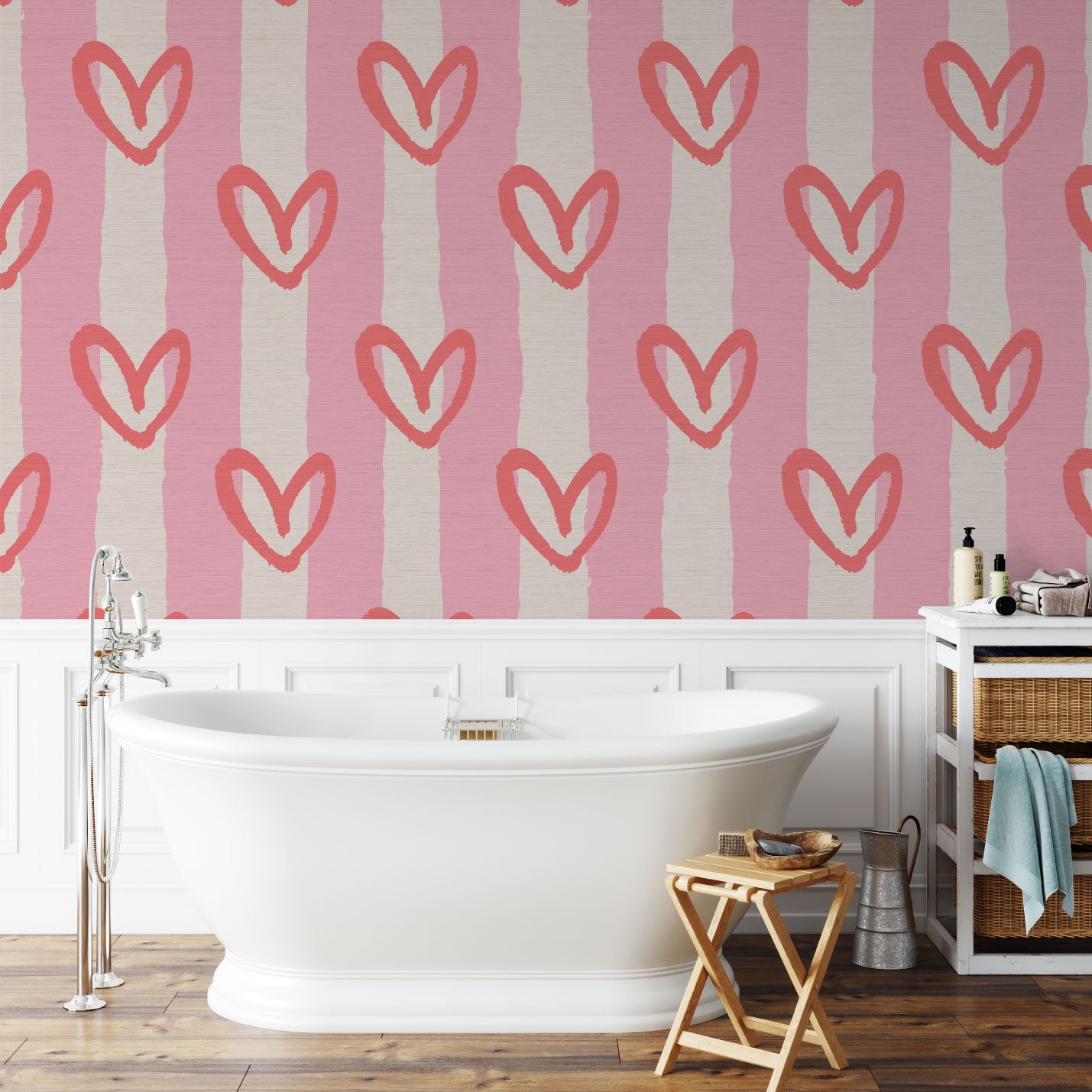 hearts vertical wide stripes house of shan collaboration kids playroom nursery Grasscloth wallpaper Natural Textured Eco-Friendly Non-toxic High-quality  Sustainable Interior Design Bold Custom Tailor-made Retro chic Bold fun pink red white bathroom nursery girl bedroom