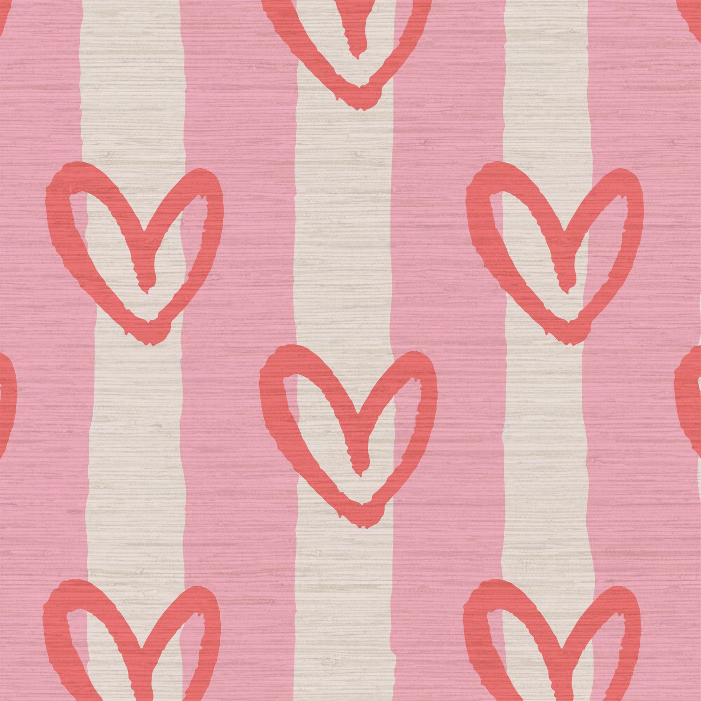 hearts vertical wide stripes house of shan collaboration kids playroom nursery Grasscloth wallpaper Natural Textured Eco-Friendly Non-toxic High-quality Sustainable Interior Design Bold Custom Tailor-made Retro chic Bold fun pink red white nursery girl bedroom