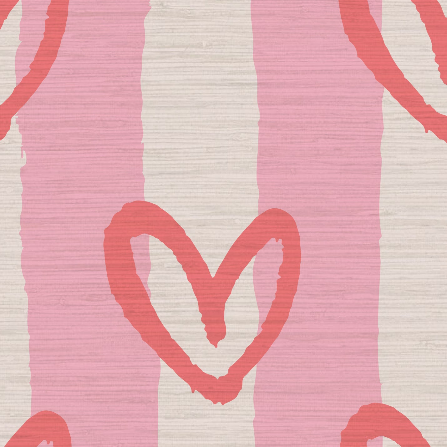 hearts vertical wide stripes house of shan collaboration kids playroom nursery Grasscloth wallpaper Natural Textured Eco-Friendly Non-toxic High-quality  Sustainable Interior Design Bold Custom Tailor-made Retro chic Bold fun pink red white