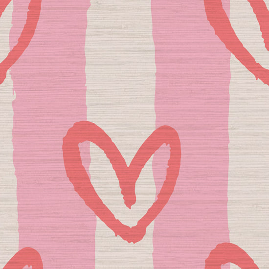 hearts vertical wide stripes house of shan collaboration kids playroom nursery Grasscloth wallpaper Natural Textured Eco-Friendly Non-toxic High-quality  Sustainable Interior Design Bold Custom Tailor-made Retro chic Bold fun pink red white