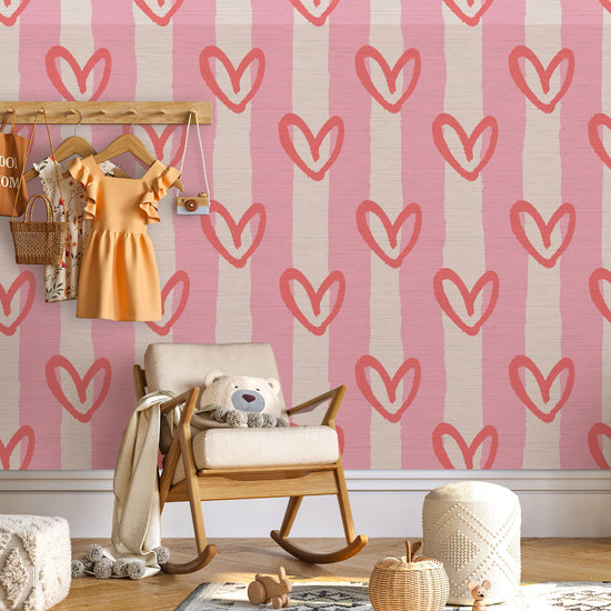 hearts vertical wide stripes house of shan collaboration kids playroom nursery Grasscloth wallpaper Natural Textured Eco-Friendly Non-toxic High-quality  Sustainable Interior Design Bold Custom Tailor-made Retro chic Bold fun pink red white girl bedroom nursery