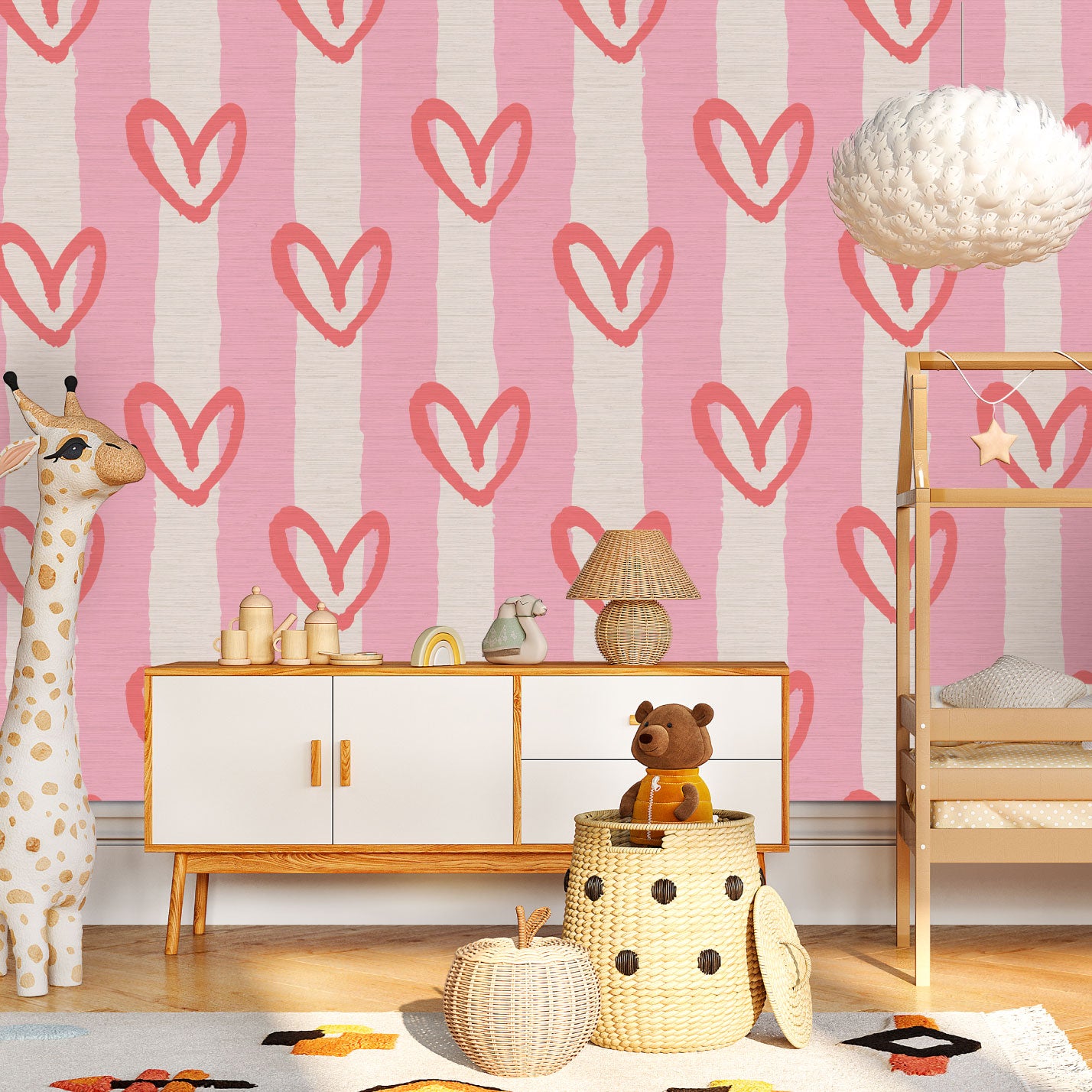 hearts vertical wide stripes house of shan collaboration kids playroom nursery Grasscloth wallpaper Natural Textured Eco-Friendly Non-toxic High-quality  Sustainable Interior Design Bold Custom Tailor-made Retro chic Bold fun pink red white nursery girl bedroom