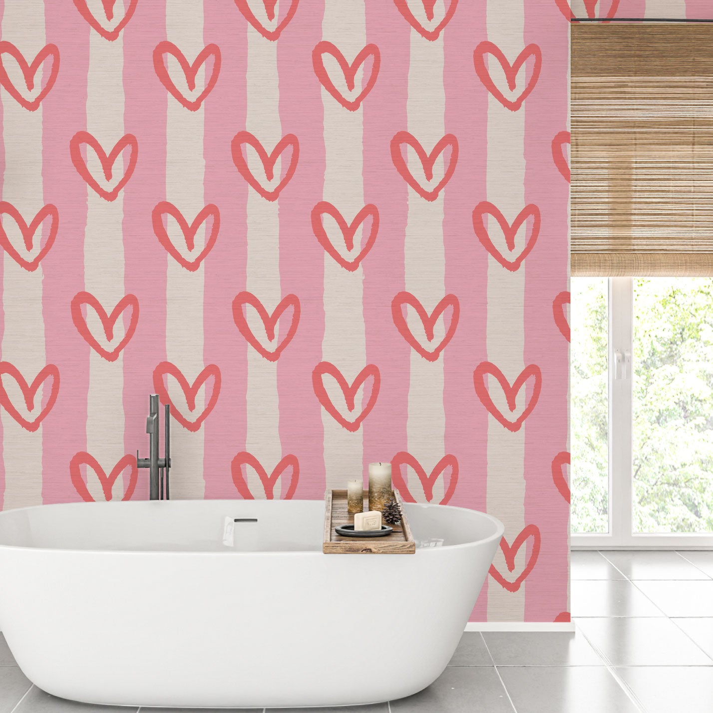 hearts vertical wide stripes house of shan collaboration kids playroom nursery Grasscloth wallpaper Natural Textured Eco-Friendly Non-toxic High-quality  Sustainable Interior Design Bold Custom Tailor-made Retro chic Bold fun pink red white nursery girl bedroom