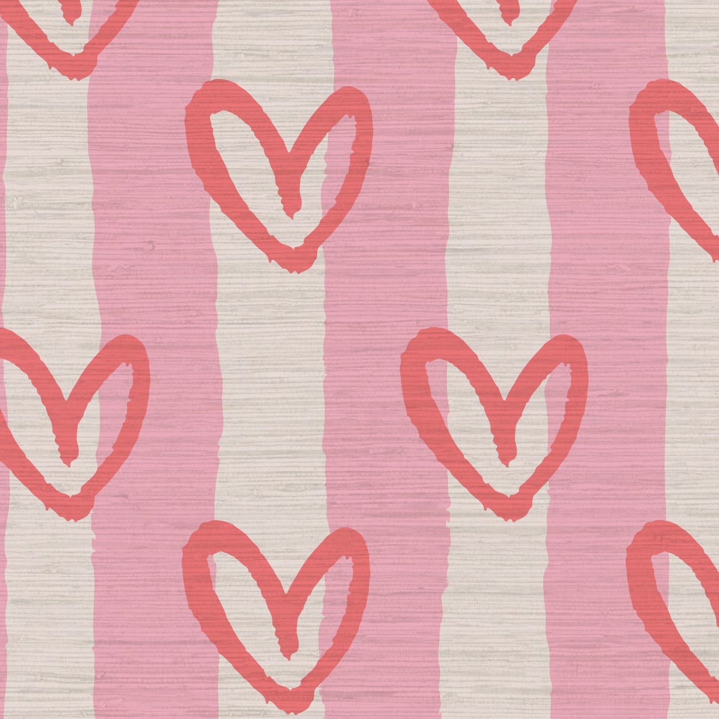 hearts vertical wide stripes house of shan collaboration kids playroom nursery Grasscloth wallpaper Natural Textured Eco-Friendly Non-toxic High-quality  Sustainable Interior Design Bold Custom Tailor-made Retro chic Bold fun pink red white nursery girl bedroom