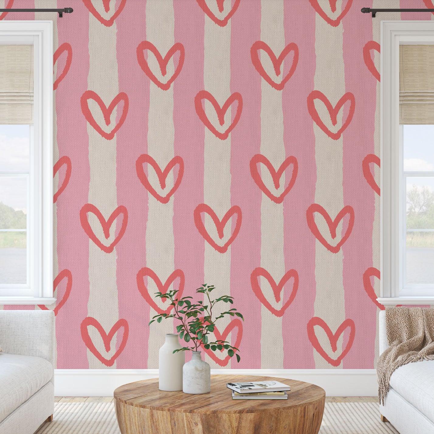 hearts vertical wide stripes house of shan collaboration kids playroom nursery Grasscloth wallpaper Natural Textured Eco-Friendly Non-toxic High-quality  Sustainable Interior Design Bold Custom Tailor-made Retro chic Bold fun pink red white nursery girl bedroom paperweave paper weave