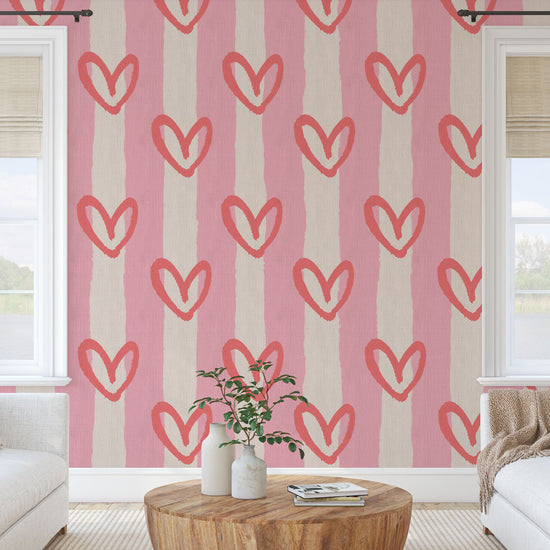 hearts vertical wide stripes house of shan collaboration kids playroom nursery Grasscloth wallpaper Natural Textured Eco-Friendly Non-toxic High-quality  Sustainable Interior Design Bold Custom Tailor-made Retro chic Bold fun pink red white nursery girl bedroom paperweave paper weave