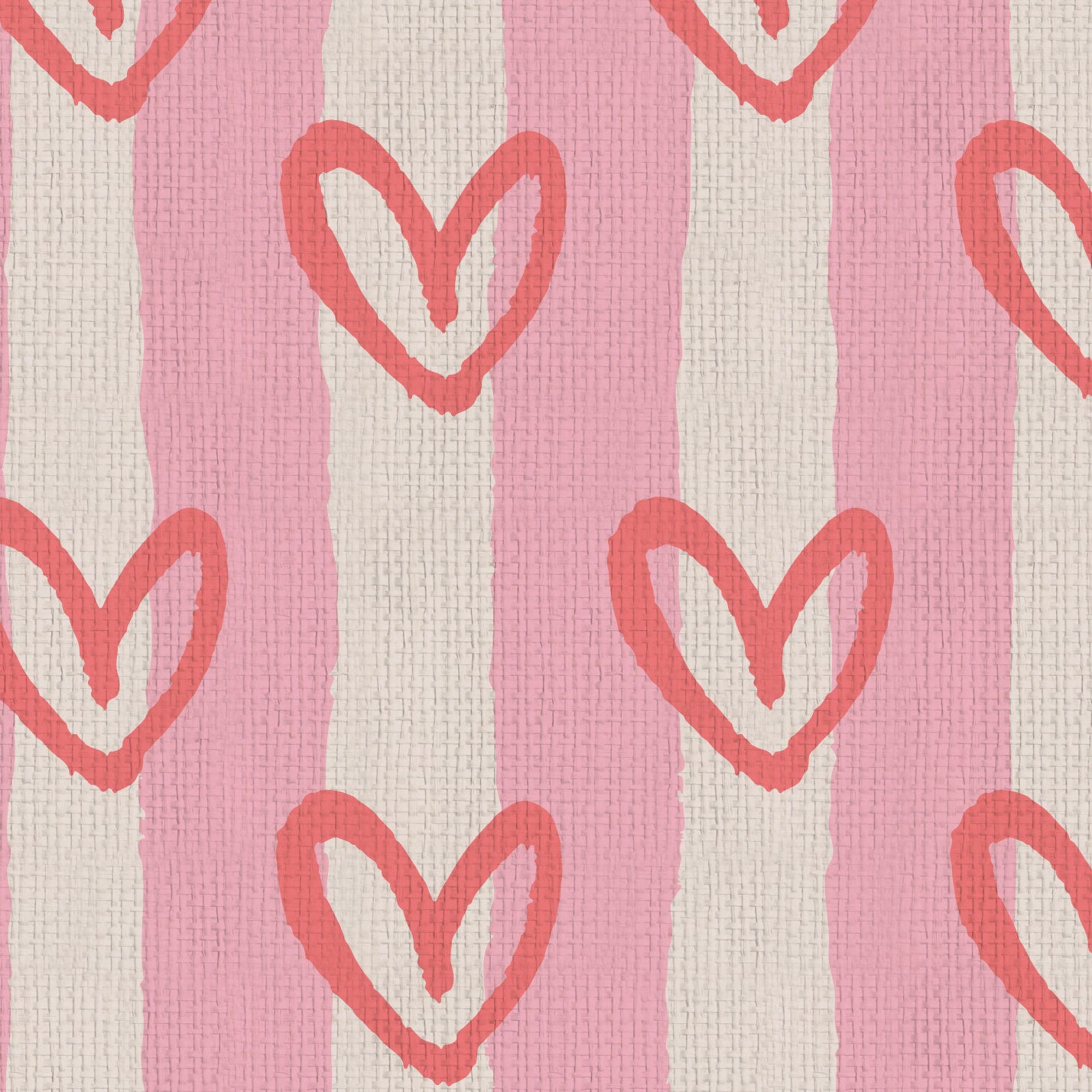 hearts vertical wide stripes house of shan collaboration kids playroom nursery Grasscloth wallpaper Natural Textured Eco-Friendly Non-toxic High-quality  Sustainable Interior Design Bold Custom Tailor-made Retro chic Bold fun pink red white nursery girl bedroom paperweave paper weave