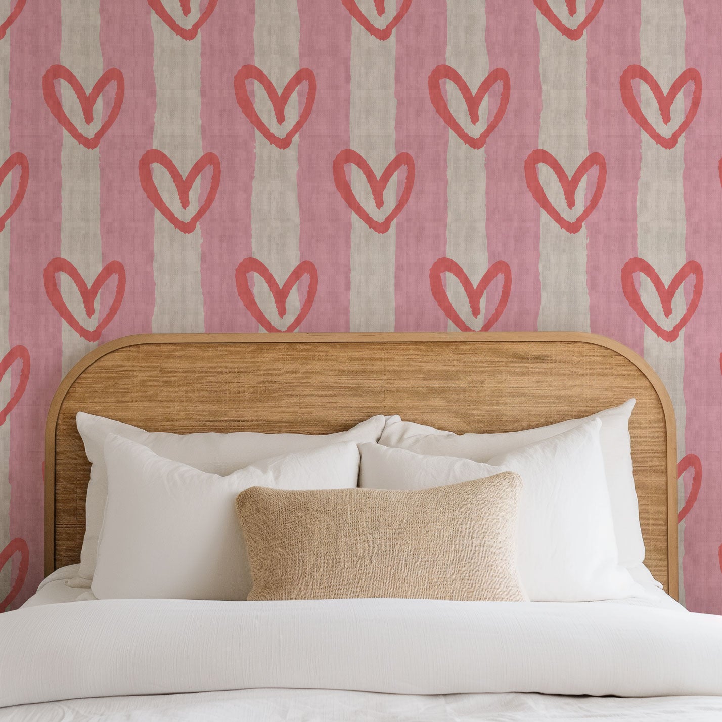 hearts vertical wide stripes house of shan collaboration kids playroom nursery Grasscloth wallpaper Natural Textured Eco-Friendly Non-toxic High-quality  Sustainable Interior Design Bold Custom Tailor-made Retro chic Bold fun pink red white nursery girl bedroom paperweave paper weave