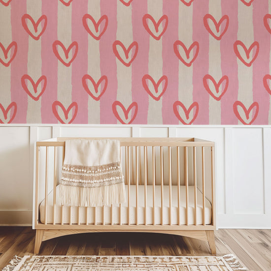 hearts vertical wide stripes house of shan collaboration kids playroom nursery Grasscloth wallpaper Natural Textured Eco-Friendly Non-toxic High-quality  Sustainable Interior Design Bold Custom Tailor-made Retro chic Bold fun pink red white nursery girl bedroom paperweave paper weave