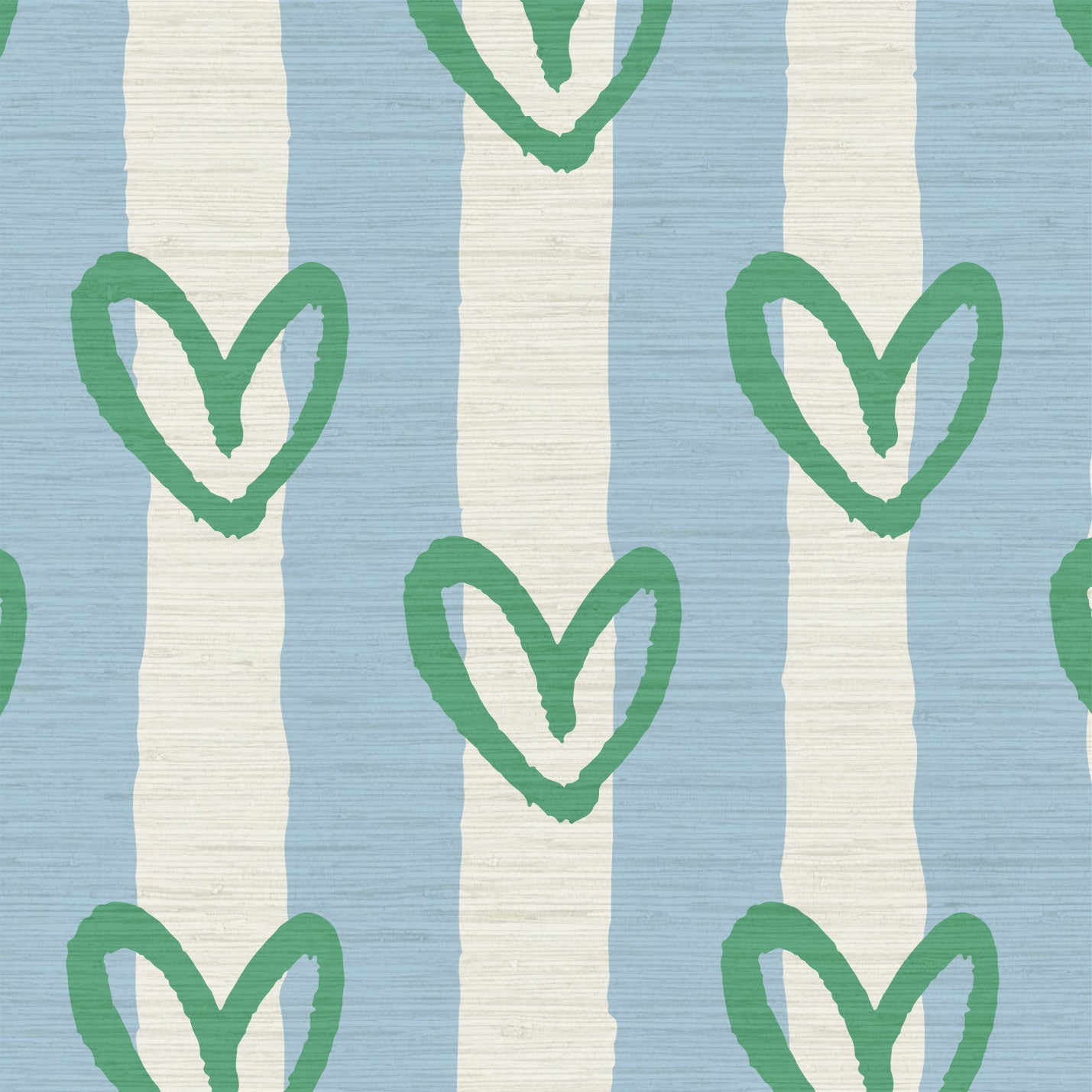 Load image into Gallery viewer, hearts vertical wide stripes house of shan collaboration kids playroom nursery Grasscloth wallpaper Natural Textured Eco-Friendly Non-toxic High-quality Sustainable Interior Design Bold Custom Tailor-made Retro chic Bold fun french blue white green living room nursery kids bedroom
