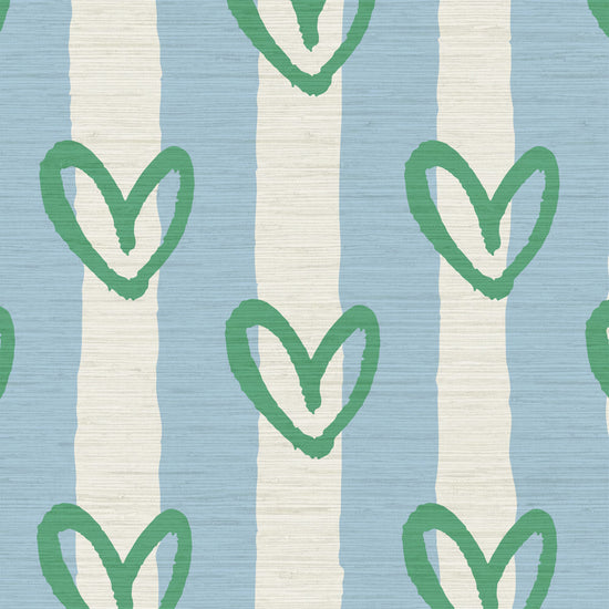 hearts vertical wide stripes house of shan collaboration kids playroom nursery Grasscloth wallpaper Natural Textured Eco-Friendly Non-toxic High-quality  Sustainable Interior Design Bold Custom Tailor-made Retro chic Bold fun french blue white green
