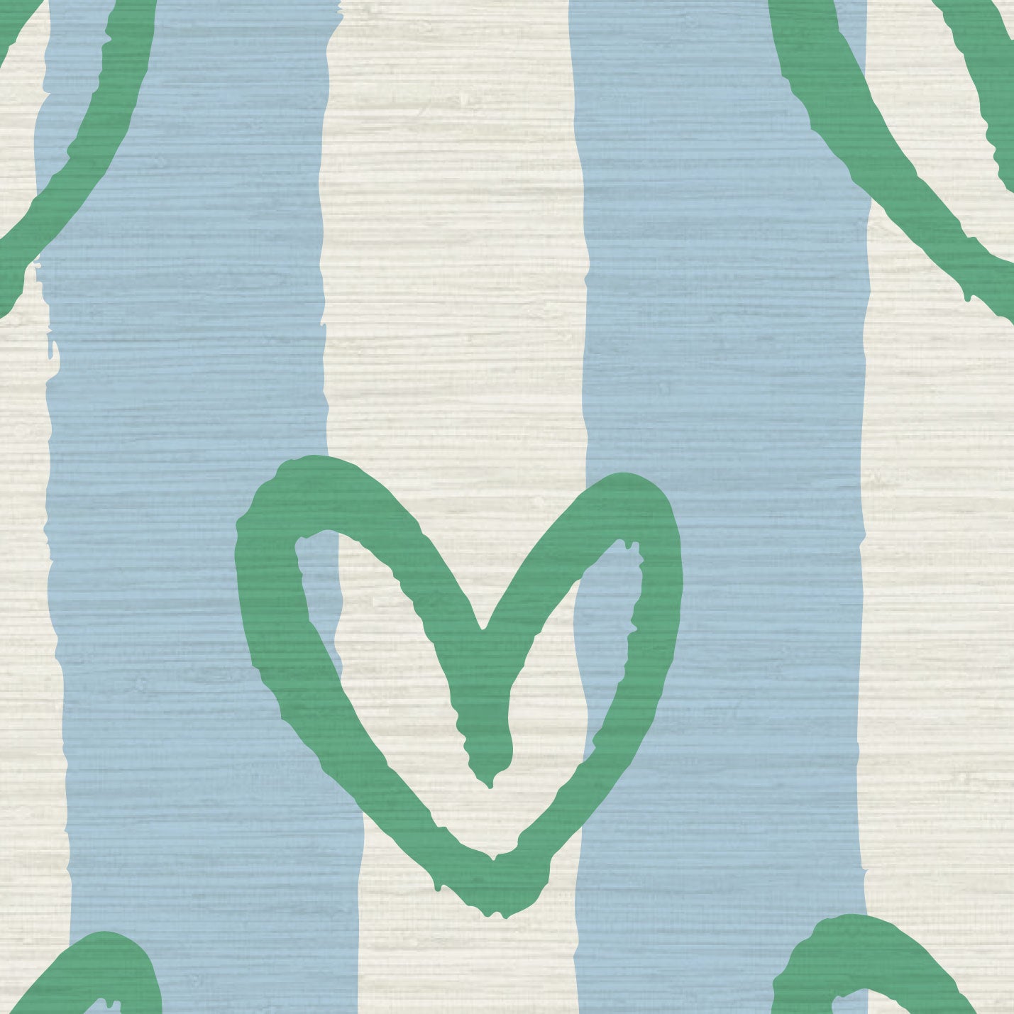 Load image into Gallery viewer, hearts vertical wide stripes house of shan collaboration kids playroom nursery Grasscloth wallpaper Natural Textured Eco-Friendly Non-toxic High-quality Sustainable Interior Design Bold Custom Tailor-made Retro chic Bold fun french blue white green living room nursery kids bedroom
