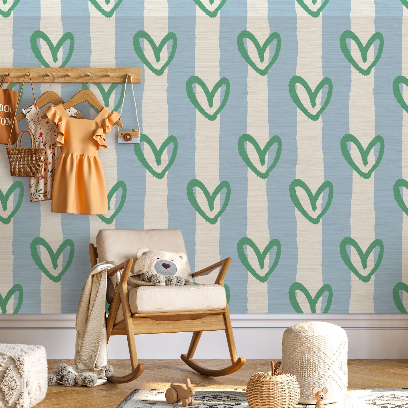 hearts vertical wide stripes house of shan collaboration kids playroom nursery Grasscloth wallpaper Natural Textured Eco-Friendly Non-toxic High-quality Sustainable Interior Design Bold Custom Tailor-made Retro chic Bold fun french blue white green living room nursery kids bedroom