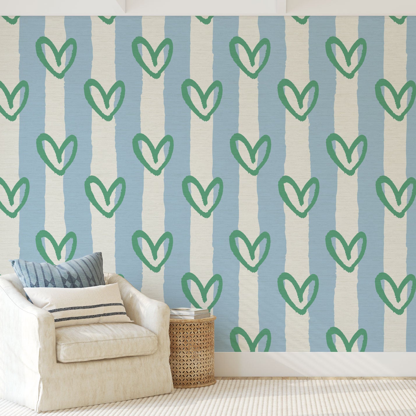 hearts vertical wide stripes house of shan collaboration kids playroom nursery Grasscloth wallpaper Natural Textured Eco-Friendly Non-toxic High-quality Sustainable Interior Design Bold Custom Tailor-made Retro chic Bold fun french blue white green living room nursery kids bedroom