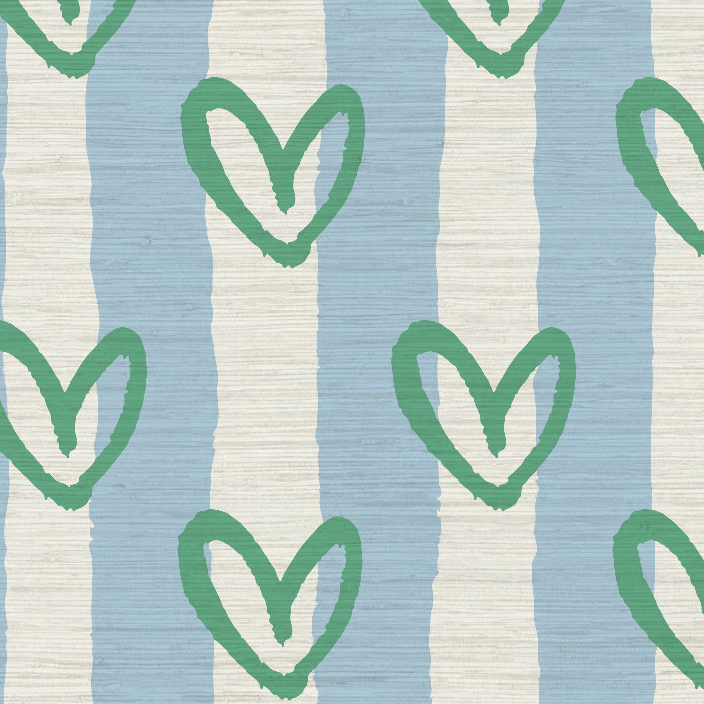 hearts vertical wide stripes house of shan collaboration kids playroom nursery Grasscloth wallpaper Natural Textured Eco-Friendly Non-toxic High-quality Sustainable Interior Design Bold Custom Tailor-made Retro chic Bold fun french blue white green living room nursery kids bedroom