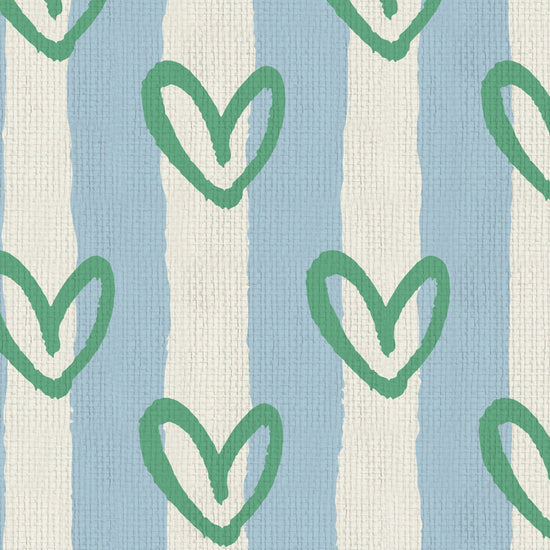 hearts vertical wide stripes house of shan collaboration kids playroom nursery Grasscloth wallpaper Natural Textured Eco-Friendly Non-toxic High-quality Sustainable Interior Design Bold Custom Tailor-made Retro chic Bold fun french blue white green living room nursery kids bedroom paper weave paperweave basketweave basket weave