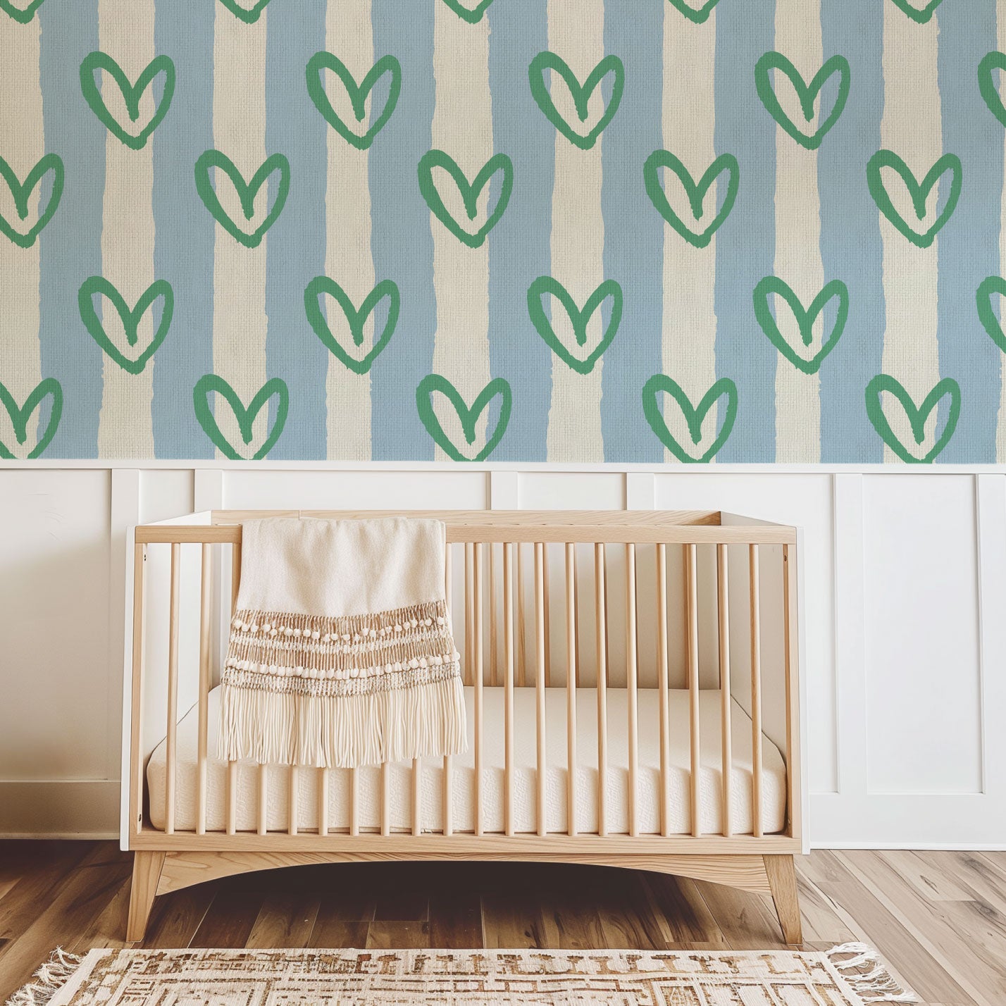 hearts vertical wide stripes house of shan collaboration kids playroom nursery Grasscloth wallpaper Natural Textured Eco-Friendly Non-toxic High-quality Sustainable Interior Design Bold Custom Tailor-made Retro chic Bold fun french blue white green living room nursery kids bedroom paper weave paperweave basketweave basket weave