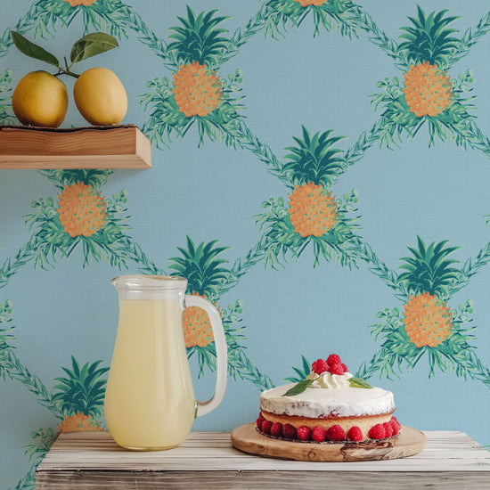 I’m Still Standing Pineapple Lattice Textured Performance Vinyl Wallpaper in Ocean Waves Blue