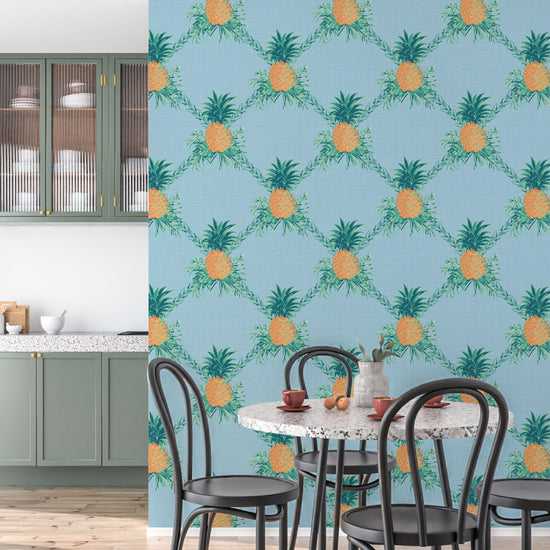 I’m Still Standing Pineapple Lattice Textured Performance Vinyl Wallpaper in Ocean Waves Blue