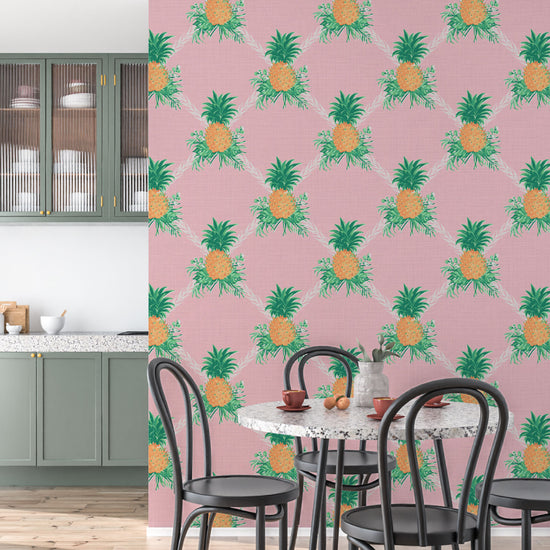 I’m Still Standing Pineapple Lattice Textured Performance Vinyl Wallpaper in Pink Carnation