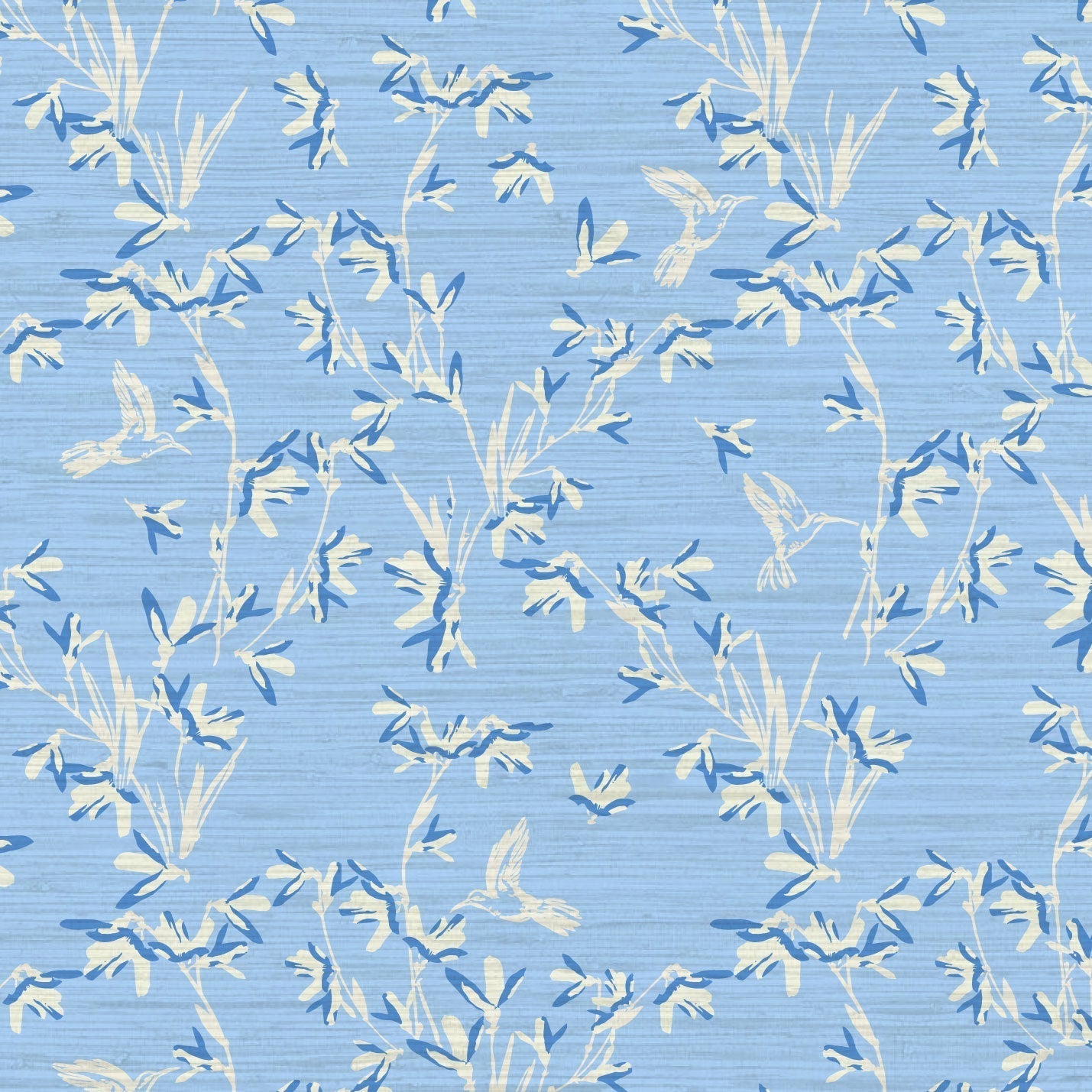 Chinoiserie Chinese Chinz Natural Textured Eco-Friendly Non-toxic High-quality  Sustainable practices Sustainability Wall covering Wallcovering Wallpaper Custom interior Bespoke Tailor-made grasscloth Nature inspired Bold Garden Wallpaper floral tree bird animal hummingbird garden tree asian inspired nursery feminine girl bedroom french blue blue light blue dusty blue 