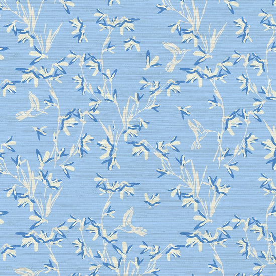 Chinoiserie Chinese Chinz Natural Textured Eco-Friendly Non-toxic High-quality  Sustainable practices Sustainability Wall covering Wallcovering Wallpaper Custom interior Bespoke Tailor-made grasscloth Nature inspired Bold Garden Wallpaper floral tree bird animal hummingbird garden tree asian inspired nursery feminine girl bedroom french blue blue light blue dusty blue 