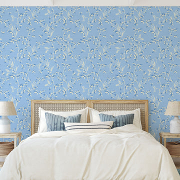 Chinoiserie Chinese Chinz Natural Textured Eco-Friendly Non-toxic High-quality Sustainable practices Sustainability Wall covering Wallcovering Wallpaper Custom interior Bespoke Tailor-made grasscloth Nature inspired Bold Garden Wallpaper floral tree bird animal hummingbird garden tree asian inspired nursery feminine girl bedroom french blue blue light blue dusty blue