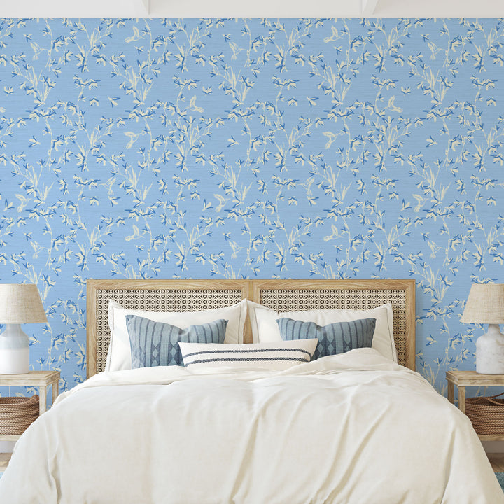 Chinoiserie Chinese Chinz Natural Textured Eco-Friendly Non-toxic High-quality  Sustainable practices Sustainability Wall covering Wallcovering Wallpaper Custom interior Bespoke Tailor-made grasscloth Nature inspired Bold Garden Wallpaper floral tree bird animal hummingbird garden tree asian inspired nursery feminine girl bedroom french blue blue light blue dusty blue 